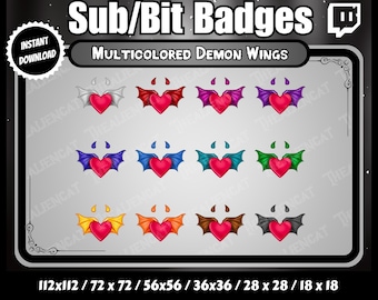 Multicoloured Gothic Demon Wing Sub/Bit Badges - Twitch, YouTube, Discord | Set of 12 | Dark, Kawaii, Horns, Hearts, Valentine