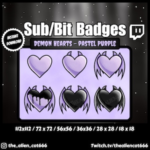 Gothic Black and Pastel Purple Demon Heart Sub/Bit Badges | Twitch, YouTube | Set of 6 | Kawaii, Dark, Bat Wing, Cute, Witchy, Horns