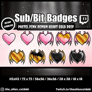 Op de afbeelding: Een set van negen Twitch Sub/Bit badges met een roze hart met duivelshoorns en vleugels, een gouden hart met druipend goud en een zwart hart met druipend zwart. De badges zijn verkrijgbaar in verschillende maten, variërend van 112x112 pixels tot 18x18 pixels.