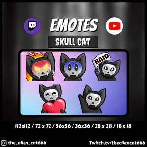 May include: A set of five black and white skull cat emoticons with different expressions. The emoticons are in various sizes, ranging from 112x112 pixels to 18x18 pixels. The emoticons include a skull cat with flames, a skull cat with a heart, a skull cat with a raid sign, and two skull cats with different expressions.