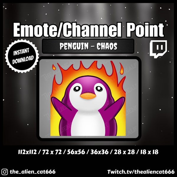 Pink Chaos Penguin Coin/Emote | Twitch, YouTube | Channel Point Icons, Dark, Kawaii, Goth, Fire, Flame