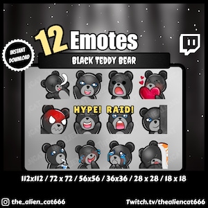 Könnte beinhalten: Zwölf schwarze Teddybär-Twitch-Emojis mit verschiedenen Ausdrücken. Die Emojis sind in einem Raster aus vier Reihen und drei Spalten angeordnet. Die Emojis haben verschiedene Größen, von 112x112 Pixel bis 18x18 Pixel. Der Text "12 Emotes" und "Black Teddy Bear" befindet sich oben im Bild. Der Text "HYPE!" und "RAID!" befindet sich in der Mitte des Bildes. Der Text "112x112/72 x 72/56x56/36x36/28 x 28/18 x 18" befindet sich unten im Bild. Der Text "the_alien_cat666" befindet sich unten links im Bild. Der Text "Twitch.tv/thealiencat666" befindet sich unten rechts im Bild.