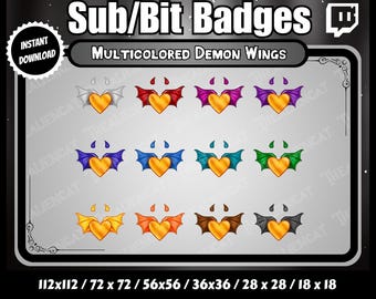 Multicoloured Gothic Demon Wing Sub/Bit Badges w. Gold Heart - Twitch, YouTube, Discord | Set of 12 | Dark, Kawaii, Horns