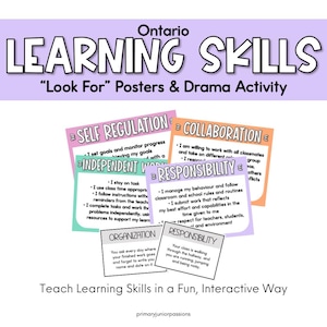 May include: A set of colourful posters with the title "Learning Skills" and the text "Look For" Posters & Drama Activity". The posters are divided into sections with titles like "Self Regulation", "Collaboration", "Independent Work", "Responsibility", "Organisation", and "Responsibility". Each section has a list of bullet points describing the skill.