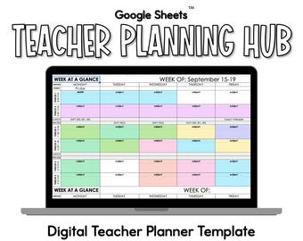May include: A digital teacher planner template displayed on a laptop screen. The planner is color-coded with sections for each day of the week, including subjects and times. The text "TEACHER PLANNING HUB" is at the top.