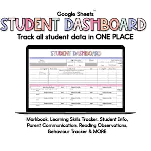 Peut inclure: Un écran d'ordinateur affichant une feuille de calcul Google Sheets intitulée "Tableau de bord des élèves". La feuille de calcul est conçue pour suivre les données des élèves en un seul endroit, y compris les compétences d'apprentissage, les observations et les coordonnées des parents.