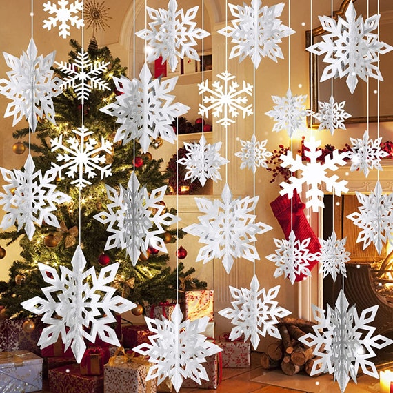 Snowflake Ornaments, 36PCS Silver Christmas Decorations Indoor Hanging  Plastic Glitter Snow Flakes
