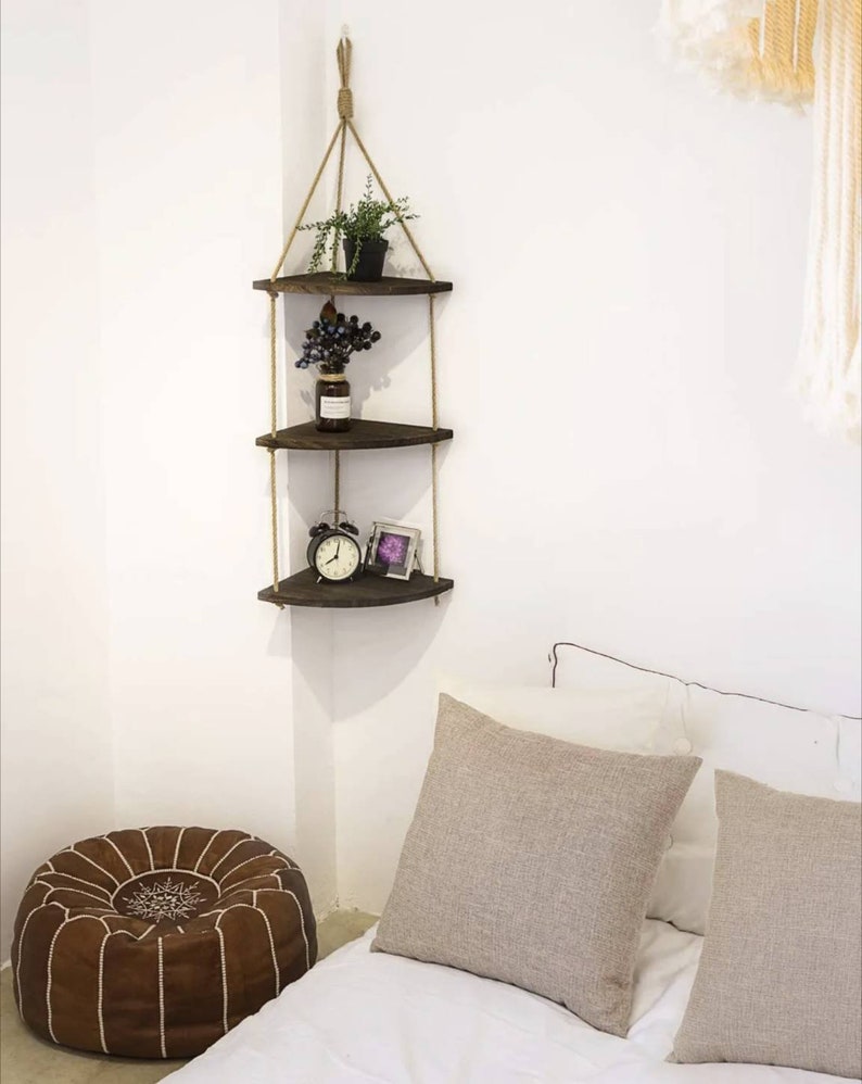 Hanging Corner Shelf 3 Tier Wall Shelf With Jute Rope Wood Etsy