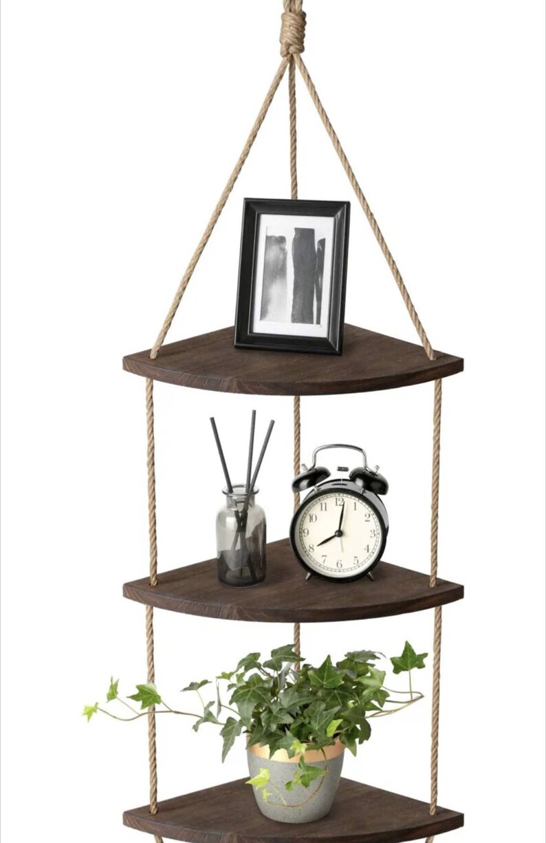 Hanging Corner Shelf 3 Tier Wall Shelf With Jute Rope Wood Etsy
