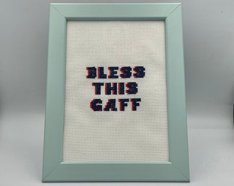 Bless This Gaff, 13 x 18cm Irish Handmade Wall Sign, Irish Cross Stitch Art, Unique Original Design, Irish Sense of Humour, Irish Sayings