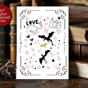 Impressão de cartão Love Doodle Dragon | 5"x7"| Dia dos Namorados| Aniversário| Aniversário| Impressão de casa| Cartões de fantasia Decoração e presente para casa| Impressão de arte de livro
