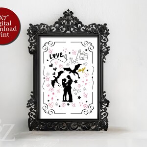 Tarjeta de impresión con dibujo de dragón con garabatos de Forth Wing Love, 5" x 7", San Valentín, aniversario, cumpleaños, impresión desde casa, tarjetas de fantasía, regalos, decoración del hogar