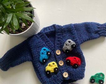 Hand Knitted Baby Boy Car Cardigan, Chunky Baby Cardigan, Baby Boy Clothing, Toddler Clothes, Baby Gift.