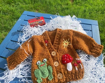 Hand Knitted Autumn/ Fall Unisex Baby Cardigan, Mushroom And Frog Baby Cardigan, Baby Gift.