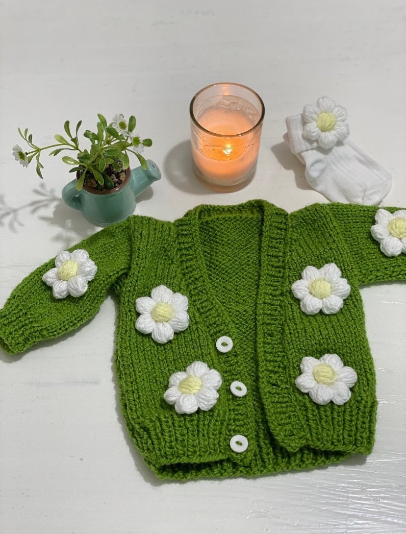 Hand Knitted Daisy Baby Cardigan Baby Girl Cardigan Floral Etsy UK