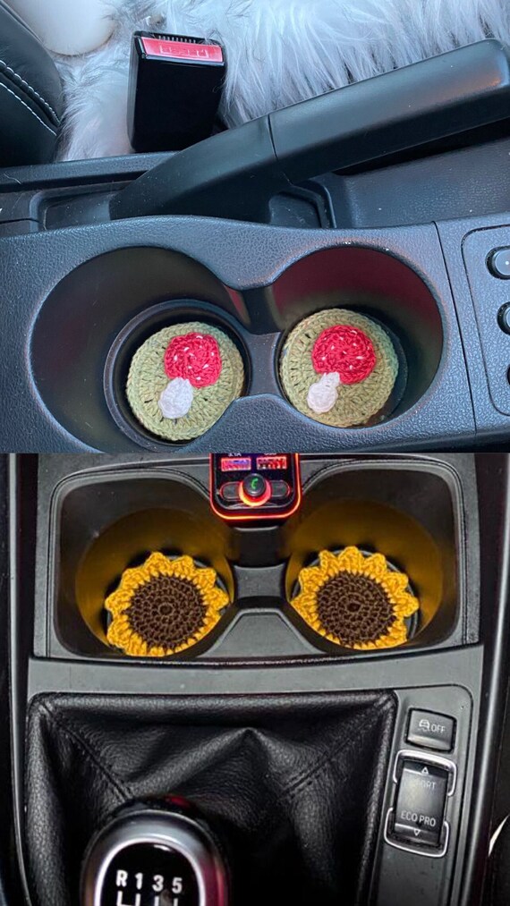 Handmade Set Of 2 Crochet Sunflower And Mushroom Car Coasters, Car Accessories, Car Decor, Sunflower Decor, Mushroom Decor.