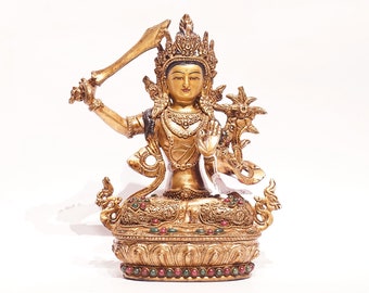 Manjushri Buddha Statue: Gold-Plated Copper Filigree, Handcrafted Nepal