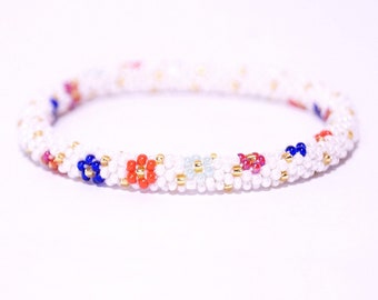 Nepalese Glass Bead Bracelet: Colorful Crochet Roll-on Bangle