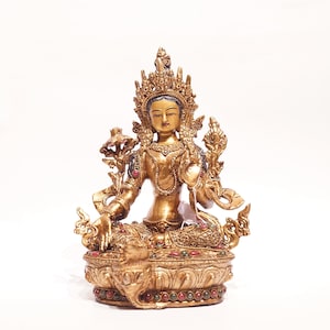 Statue Tara verte en cuivre : filigrane plaqué or et argent, fabriquée à la main au Népal