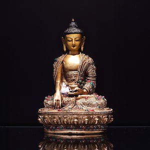 Handcrafted Shakyamuni Buddha Statue: Gold & Silver Plated Copper Filigree