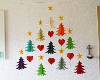 Kerstmobiel Handgemaakte kerstslinger Boombos Lokta-papieren slinger Handgenaaide feestelijke decoratie, Windchime, 60x50cm, Gemaakt in Nepal