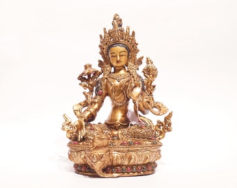 Green Tara Copper Statue: Gold & Silver-Plated Filigree, Handcrafted Nepal
