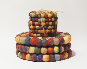 Handmade Wool Felt Ball Coasters: Colorful Trivet Mat, Made in Nepal