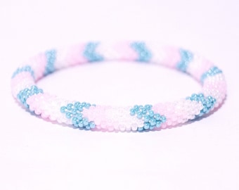 Nepalese Glass Bead Bracelet: Pink & Blue Crochet Roll-On Bangle