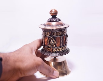 Handcrafted Copper Brass Prayer Wheel, Buddha Figure, Tibetan Script, Nepal Table Decor