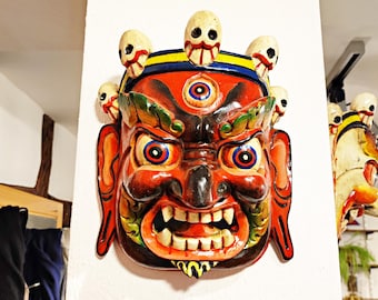 Mahakala Wooden Mask: Red Bhairav Face, Solid Wood Carving from Nepal