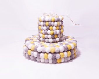 Wool Felt Ball Coaster: Yellow & Gray Trivet - Handmade in Nepal