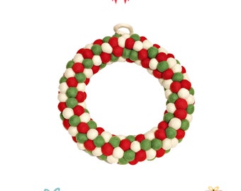 Corona navideña de bolas de fieltro: pompones multicolores para colgar en la puerta (30 cm)