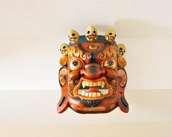 MAHAKALA Holzmaske Rot Bhairav Maske Beschützer Schamane Zornvoll Massivholzschnitzerei Wandbehang Hergestellt in Nepal