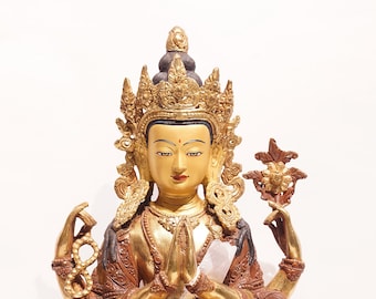 Handcrafted Chenresi Copper Statue: Gold Plated Avalokitesvara, Nepal
