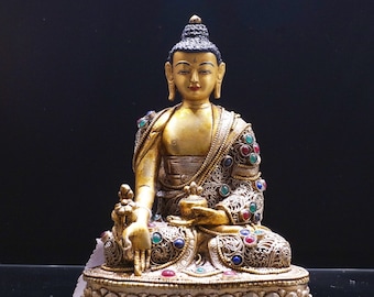 BHAISAJYAGURU Figure with filigree | MEDICINE BUDDHA Copper Statue | 14 cm 5.5" 620 g | Gold-plated, Silver-plated | Handcrafted in Nepal
