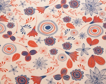 Handmade Lokta Wrapping Paper | Screen-printed Blue Red Flowers | Natural Paper | Gift Wrap | Stamping and DIY | Craft paper | Nepal paper