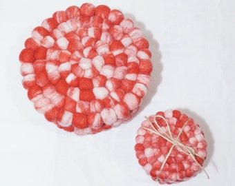Handmade Felt Ball Coaster: Red White Tie Dye Wool Trivet