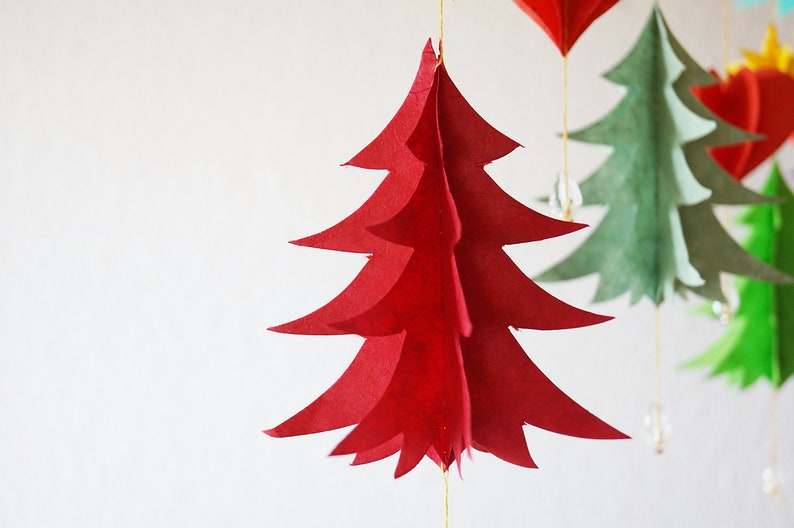 Christmas Mobile Handmade Christmas Garland Tree forest Lokta-Paper Garland Hand-sewn festive decoration, Windchime, 60x50cm, Made in Nepal image 9