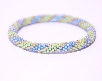 Handmade Nepalese Glass Bead Bracelet: Light-Green Crochet Bangle