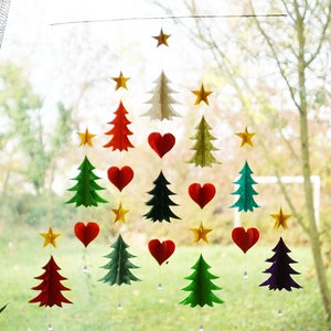 Christmas Mobile Handmade Christmas Garland Tree forest Lokta-Paper Garland Hand-sewn festive decoration, Windchime, 60x50cm, Made in Nepal image 3