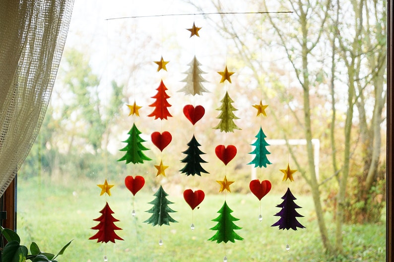 Christmas Mobile Handmade Christmas Garland Tree forest Lokta-Paper Garland Hand-sewn festive decoration, Windchime, 60x50cm, Made in Nepal image 3