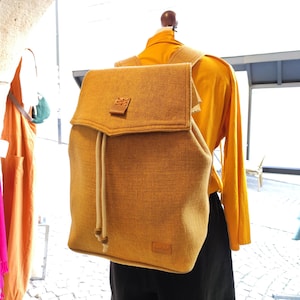 Handmade Nepal Backpack: Mustard Natural Fiber Rucksack, Leather Handle