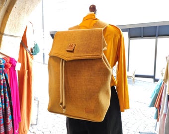 Handmade Nepal Backpack: Mustard Natural Fiber Rucksack, Leather Handle