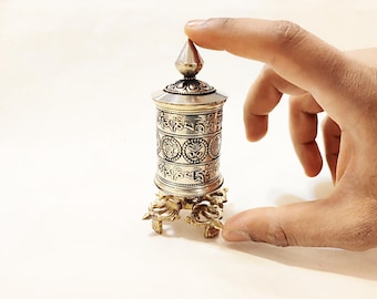 Handmade Brass Prayer Wheel, 8 Auspicious Symbols, Nepal Table Decor