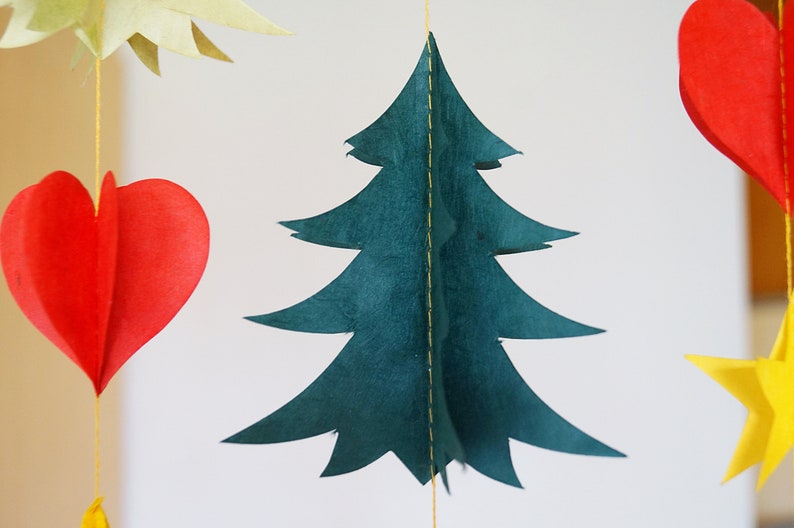 Christmas Mobile Handmade Christmas Garland Tree forest Lokta-Paper Garland Hand-sewn festive decoration, Windchime, 60x50cm, Made in Nepal image 10