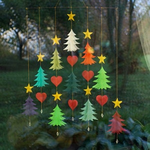 Christmas Mobile Handmade Christmas Garland Tree forest Lokta-Paper Garland Hand-sewn festive decoration, Windchime, 60x50cm, Made in Nepal image 2