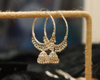 Handmade Fine Silver Hoop Earrings: Nepalese Cage Pendants