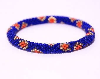 Handmade Nepalese Glass Bead Bracelet: Blue Crochet Roll-on Bangle