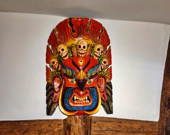 Mahakala Wooden Mask: Hand-Carved Bhairav, The Protector