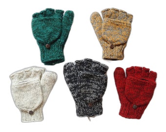 Folding Mittens | hand knitted Gloves | sheep wool Mittens | hand warmers | Mottled threads | Red | Green | White | Yellow | Black | Grey
